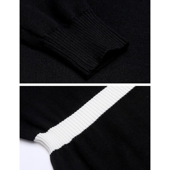 Women Colorblock Striped Long Sleeve Cotton Black Sweater Bodycon Dress - Picture 6 of 6